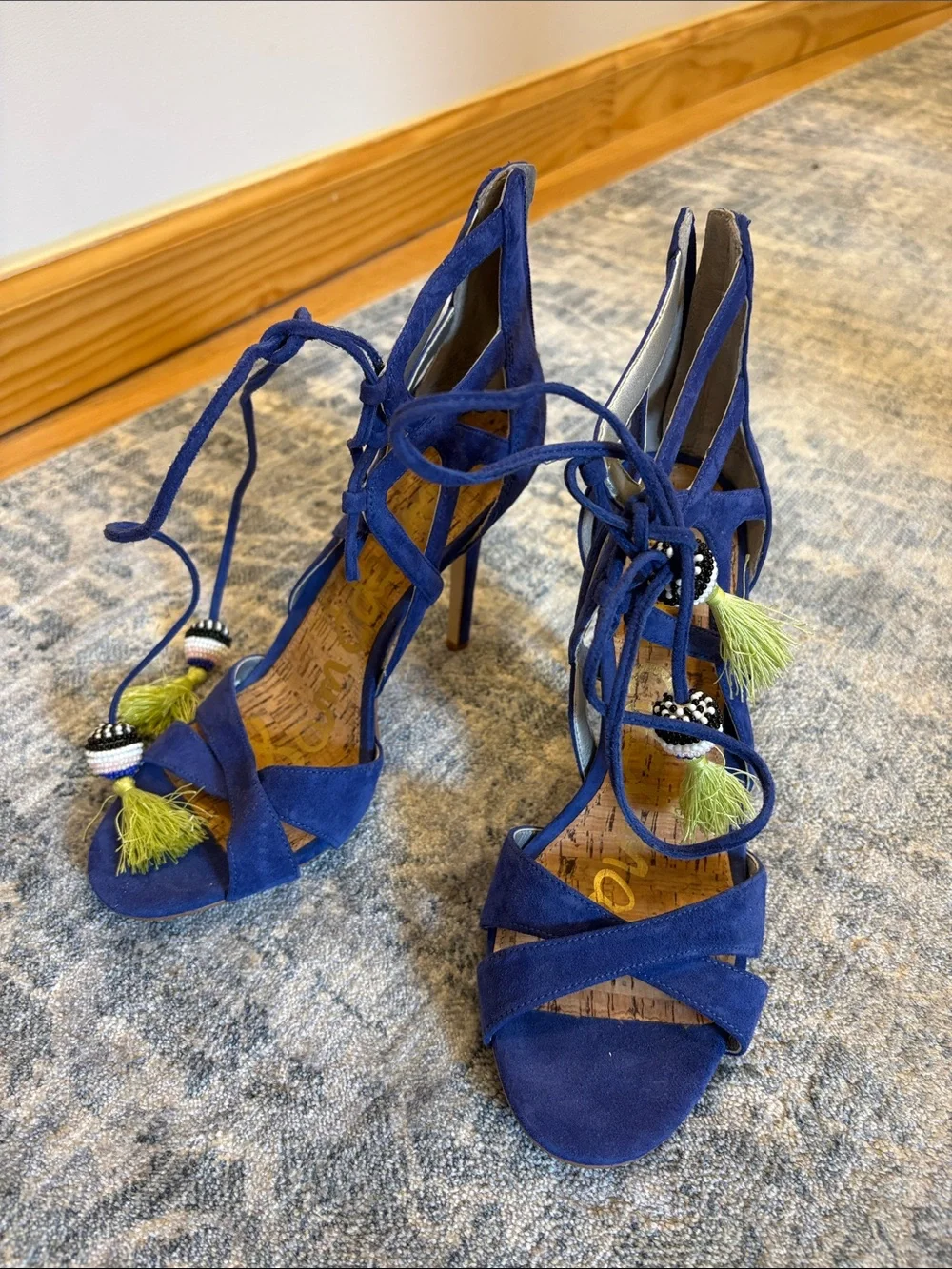 Sam Edelman Cobalt Blue Suede Lace-Up Stiletto Sandals with Tassel Bead Accents